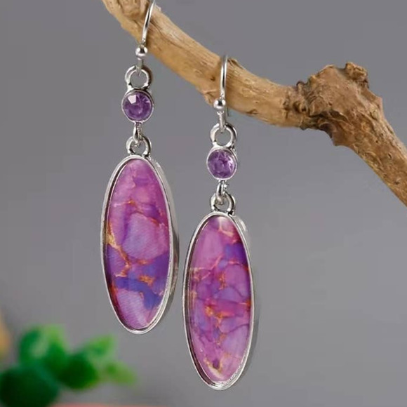 Purple Faux Turquoise Oval ‎ Dangle Earrings Alloy Silver Plated - Picture 3 of 7